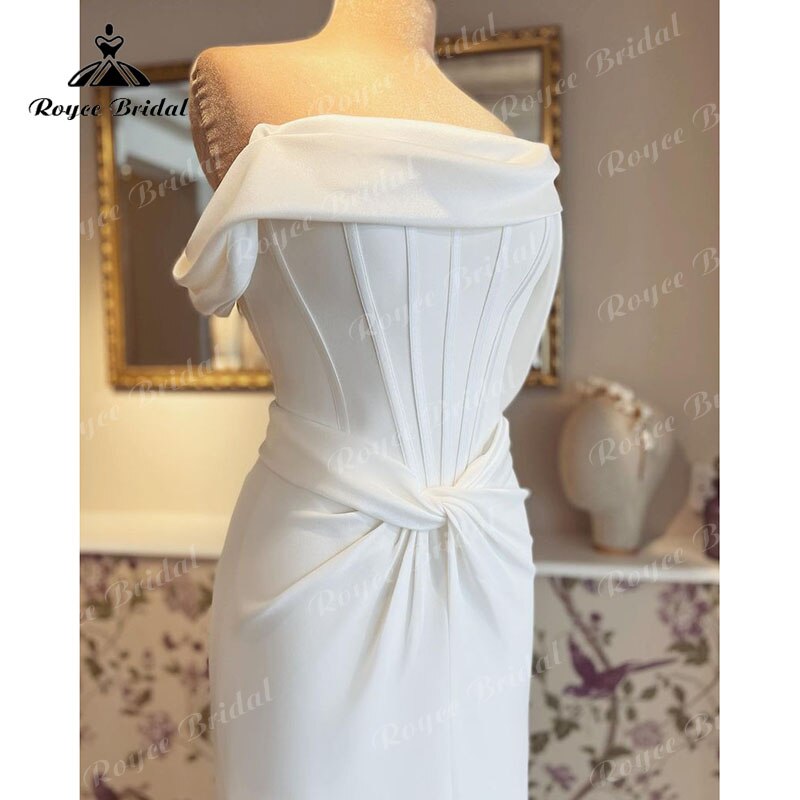 Roycebridal – Robe Mariée Sirene – Schlichtes Brautkleid aus Satin, schulterfrei, mit Schlitzen, Falten, Meerjungfrau-/Trompeten-Stil, Hochzeitsempfangskleid für die Braut