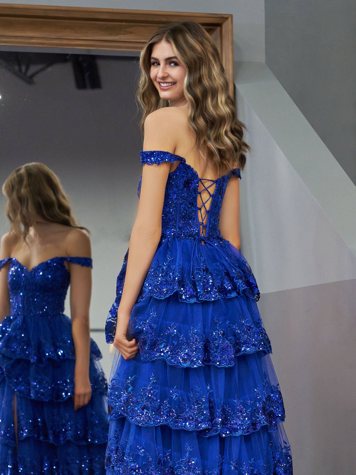 Roycebridal Royal Blue Princess A Line Off the Shoulder Corset Prom Dress with Lace Ruffles