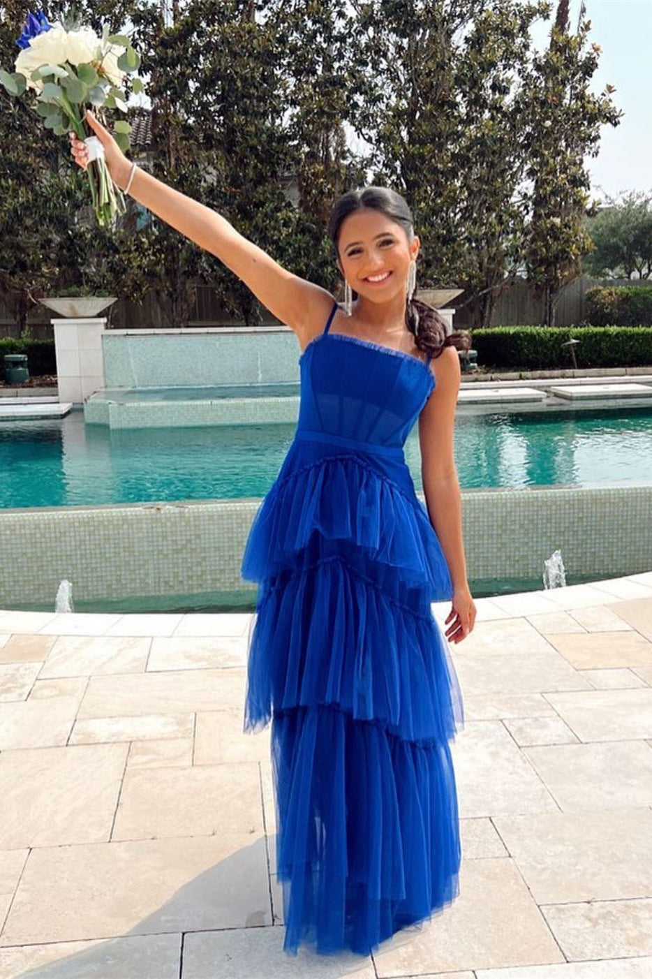 Roycebridal Princess Hot Pink Tiered Tulle Prom Dress