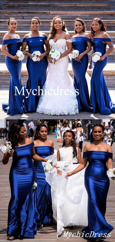 Lange Satin Meerjungfrau Brautjungfernkleider Königsblau Hochzeitsgastkleid Schulterfrei
