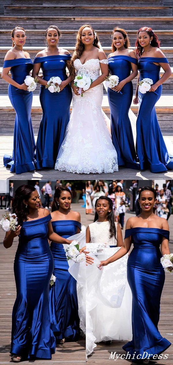 Lange Satin Meerjungfrau Brautjungfernkleider Königsblau Hochzeitsgastkleid Schulterfrei