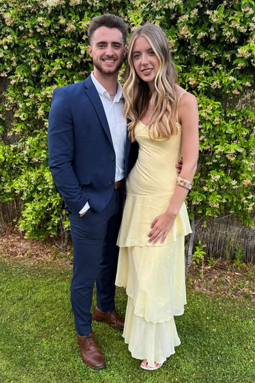 Yellow Spaghetti Straps Chiffon Sheath With Ruffles Long Formal A Line Prom Dress