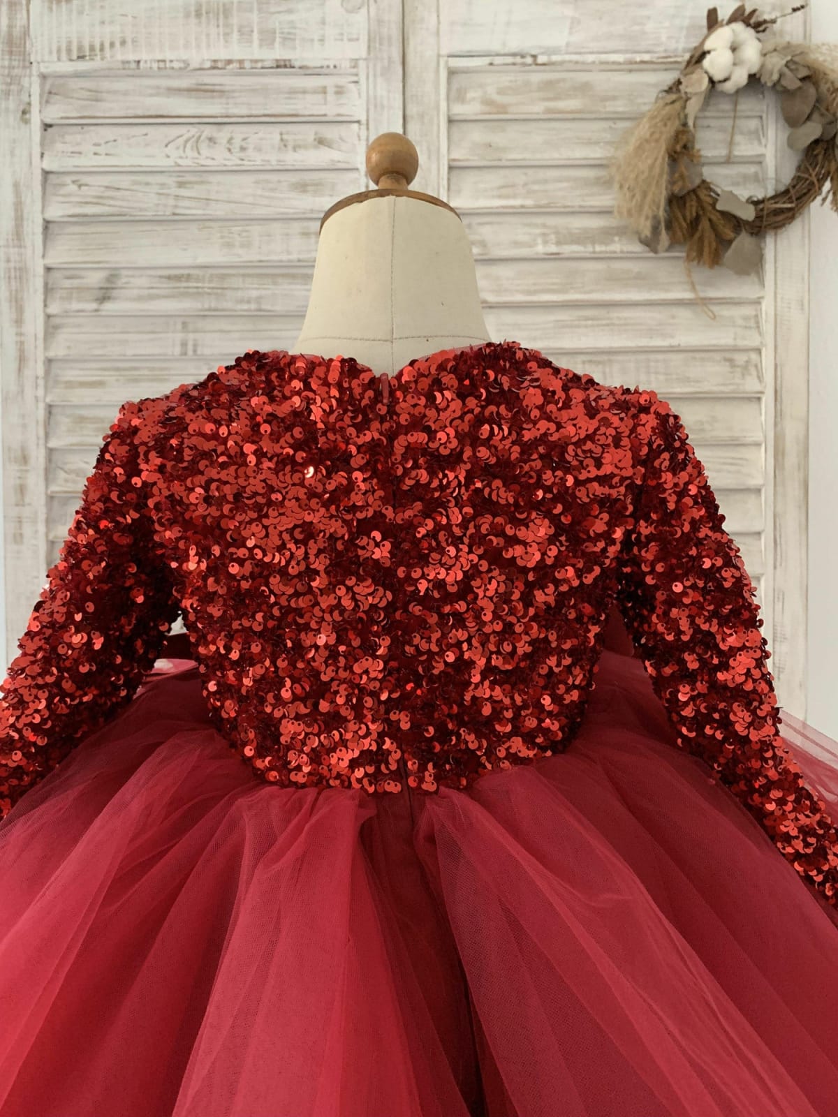 Long Sleeves Sequin Tulle Wedding Party Flower Girl Dress