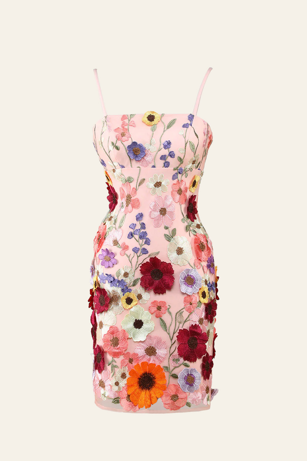Nyssa | Robe fourreau à bretelles spaghetti et motif floral 3D