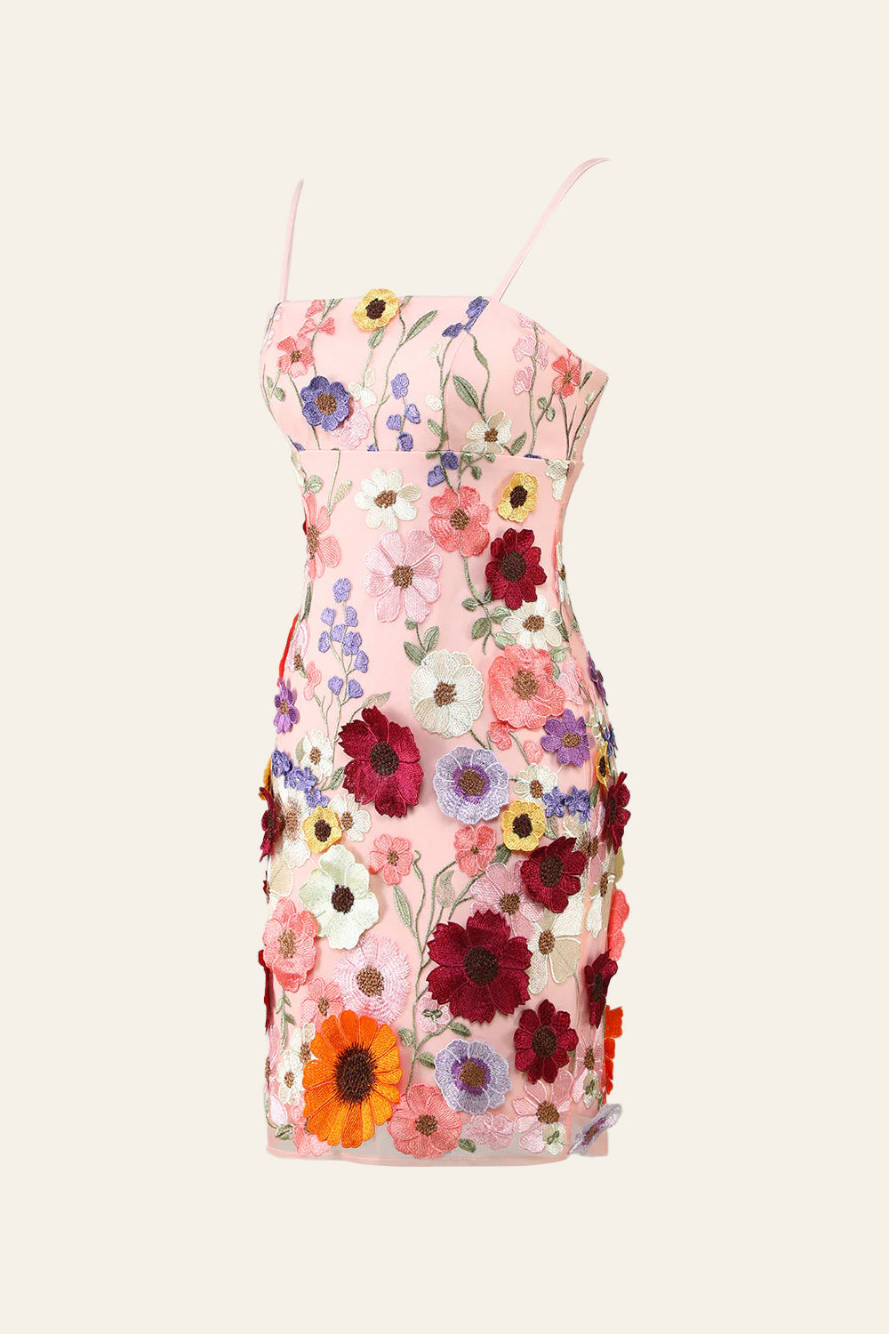 Nyssa | Robe fourreau à bretelles spaghetti et motif floral 3D