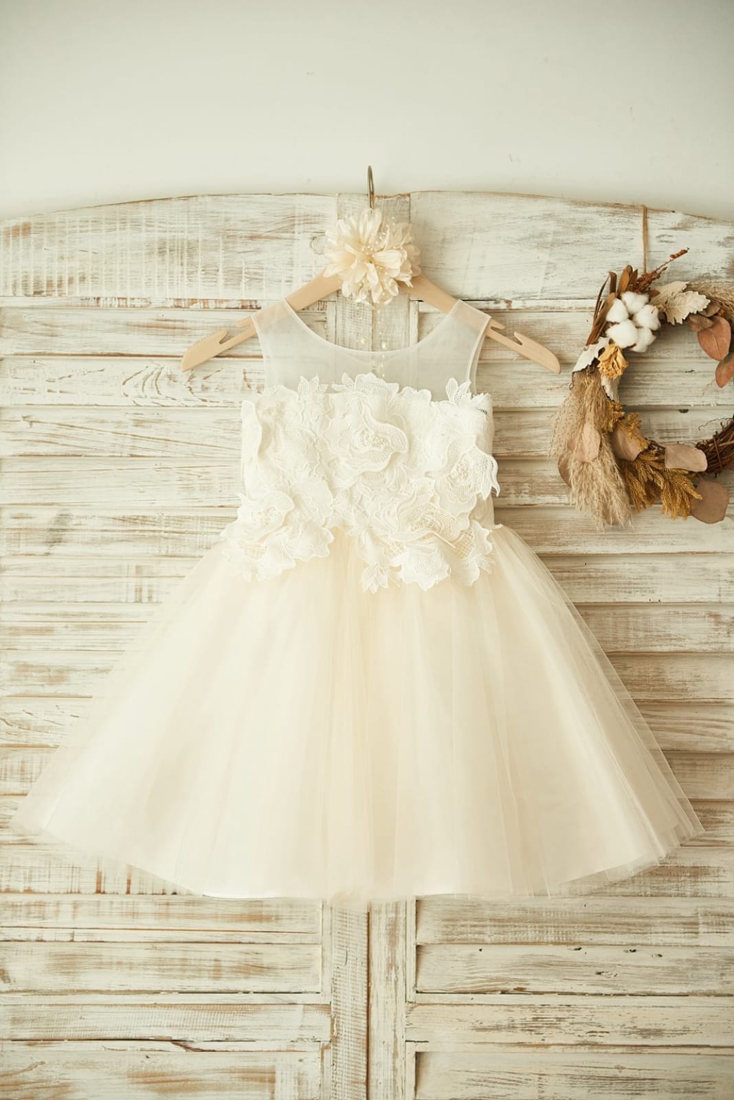 Sheer Neck Ivory Lace Champagne Tulle Wedding Flower Girl