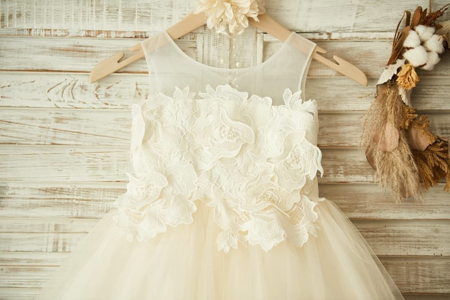 Sheer Neck Ivory Lace Champagne Tulle Wedding Flower Girl