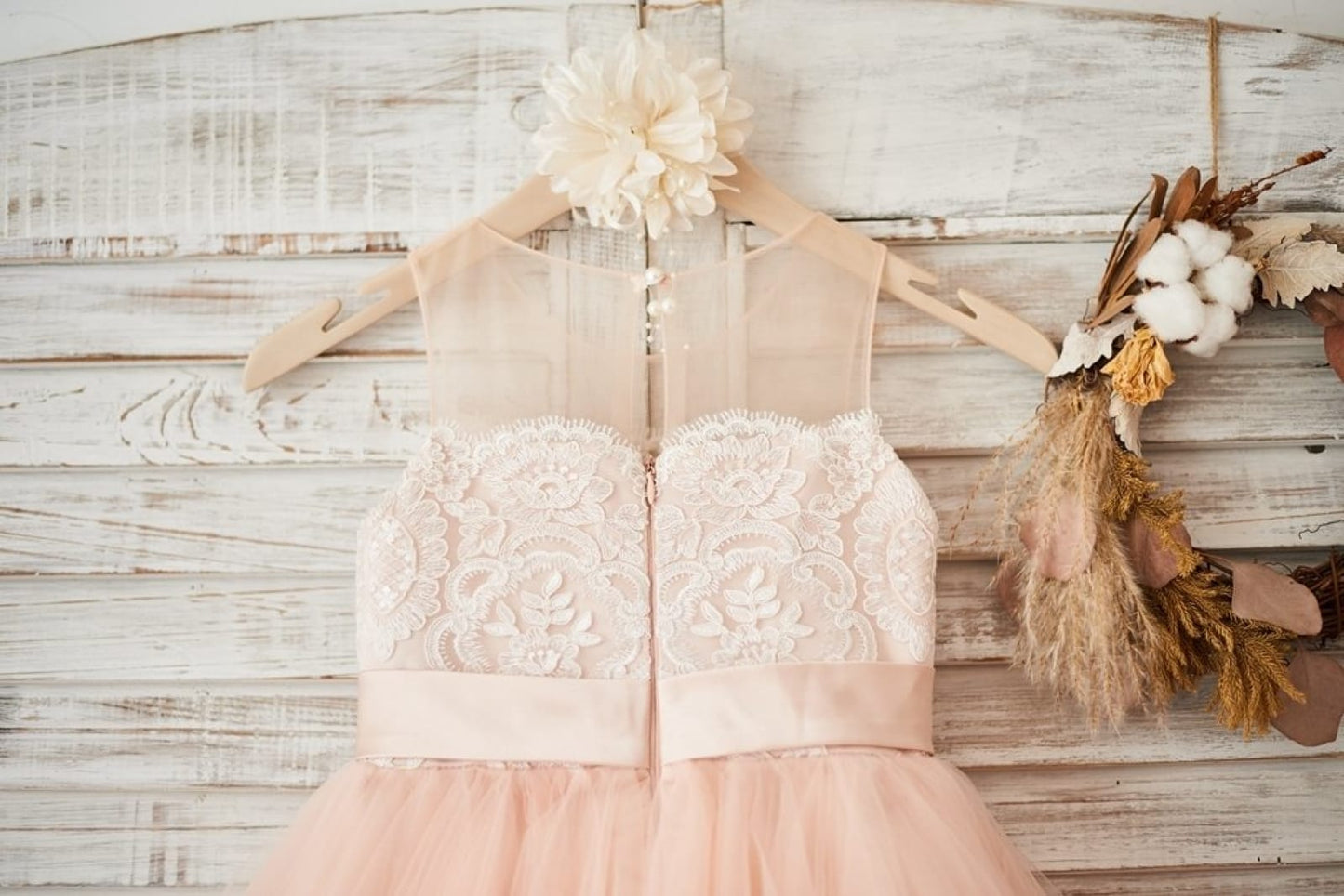 Sheer Neck Peach Pink Tulle Ivory Lace Wedding Flower Girl