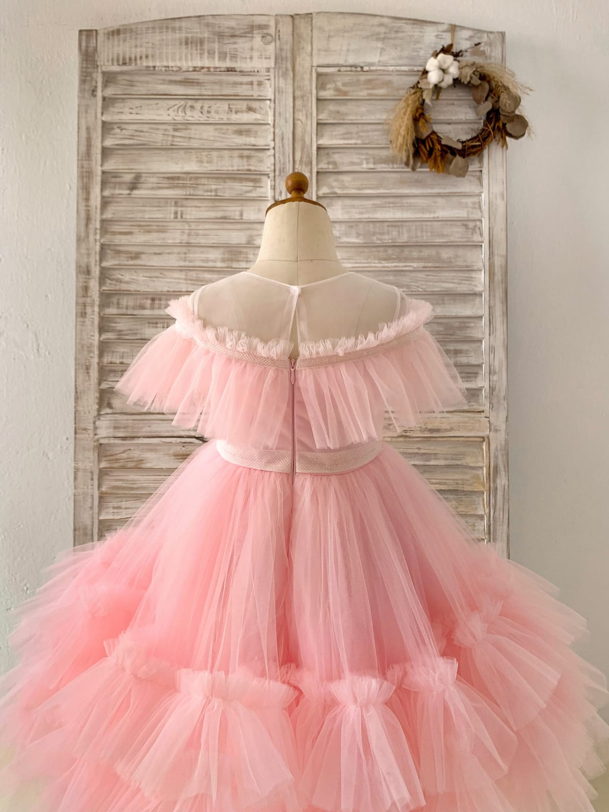 Princess Sheer Neck Pink Ruffle Tulle Wedding Flower Girl