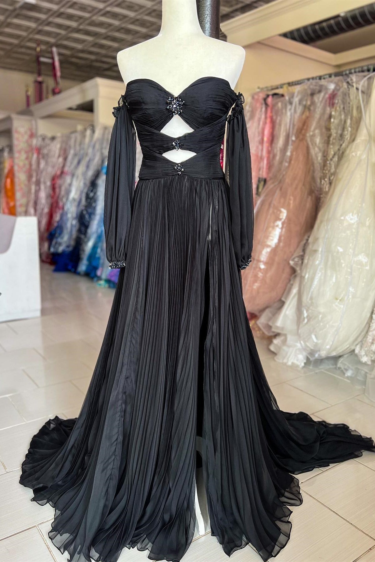 Roycebridal Ana | Trägerloses A-Linien-Ballkleid mit Strasssteinen und Ärmeln in Jägergrün