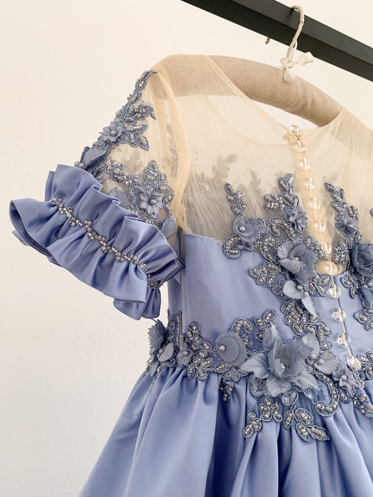 Short Sleeves Sheer Neck Light Blue Satin Wedding Flower