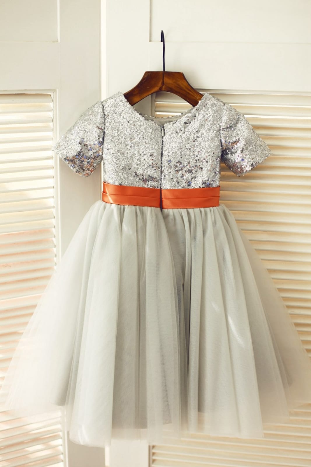 Short Sleeves Silver Sequin Gray Tulle Wedding Flower Girl