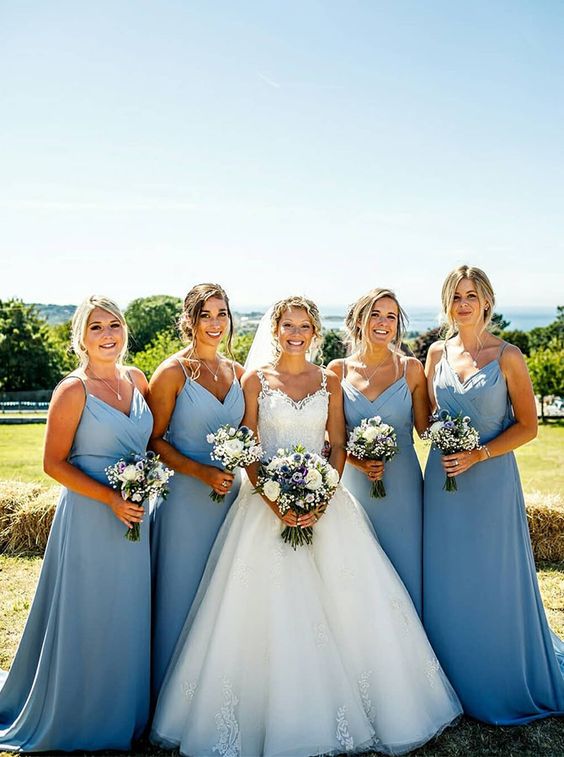 Roycebridal Simple V Neck Chiffon Navy Blue Bridesmaid Dresses Spaghetti Straps