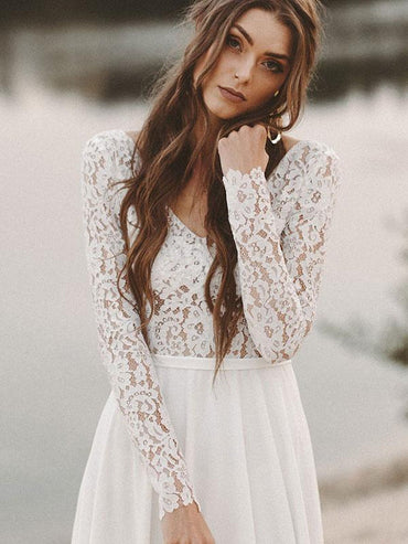 Ivory Boho V Neck Long Sleeve Lace A-Line Wedding Dress Customized