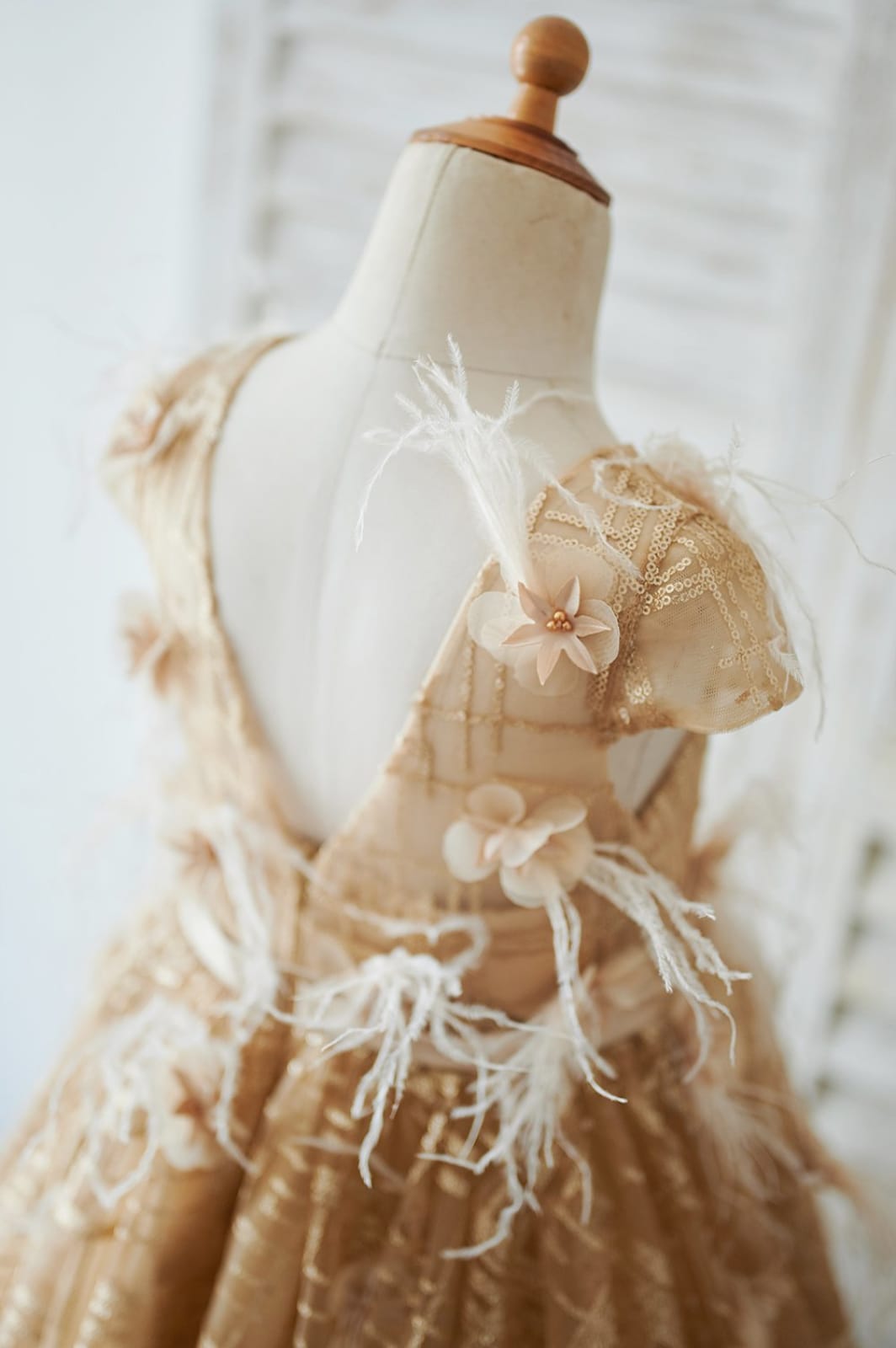 Cap Sleeves V Back Gold Sequin Tulle Wedding Flower Girl