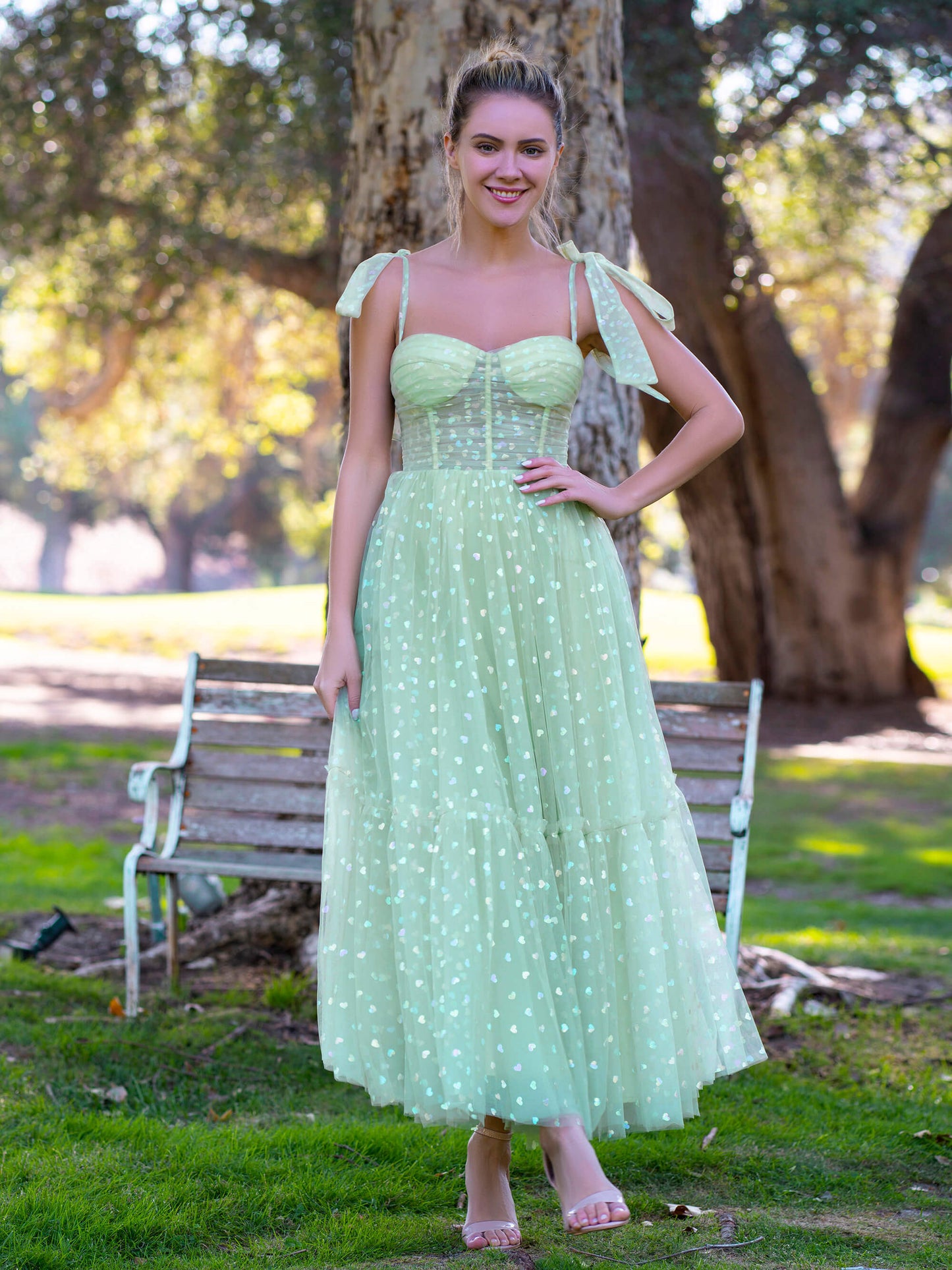 Roycebridal Ballkleid mit Korsett, Schleifenträgern, Tüll, Glitzerherzen, knöchellang