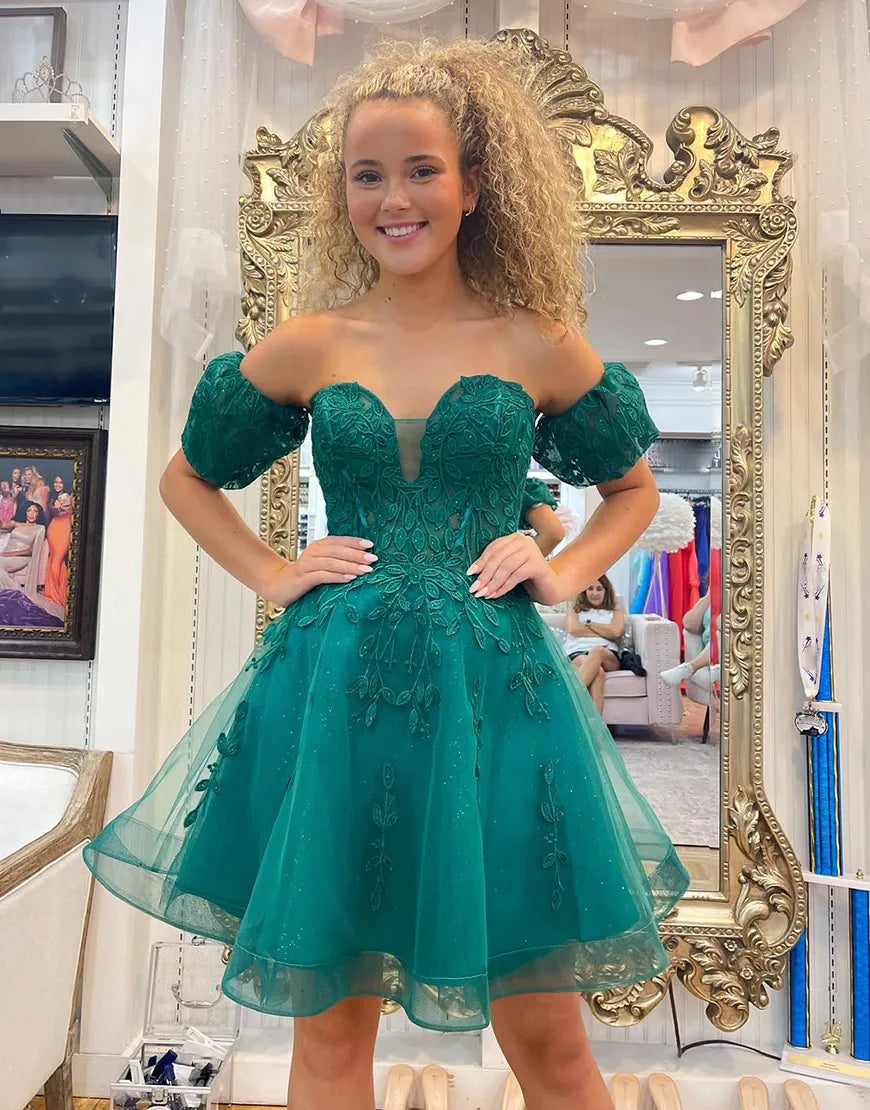 Robe de soirée trapèze verte scintillante avec appliques perlées et manches amovibles