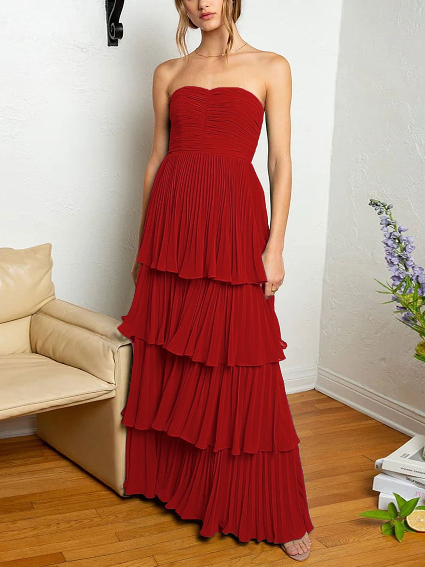 Roycebridal Khalani | Strapless Emerald Green Ruffle Multi-Layer Long Prom Dress