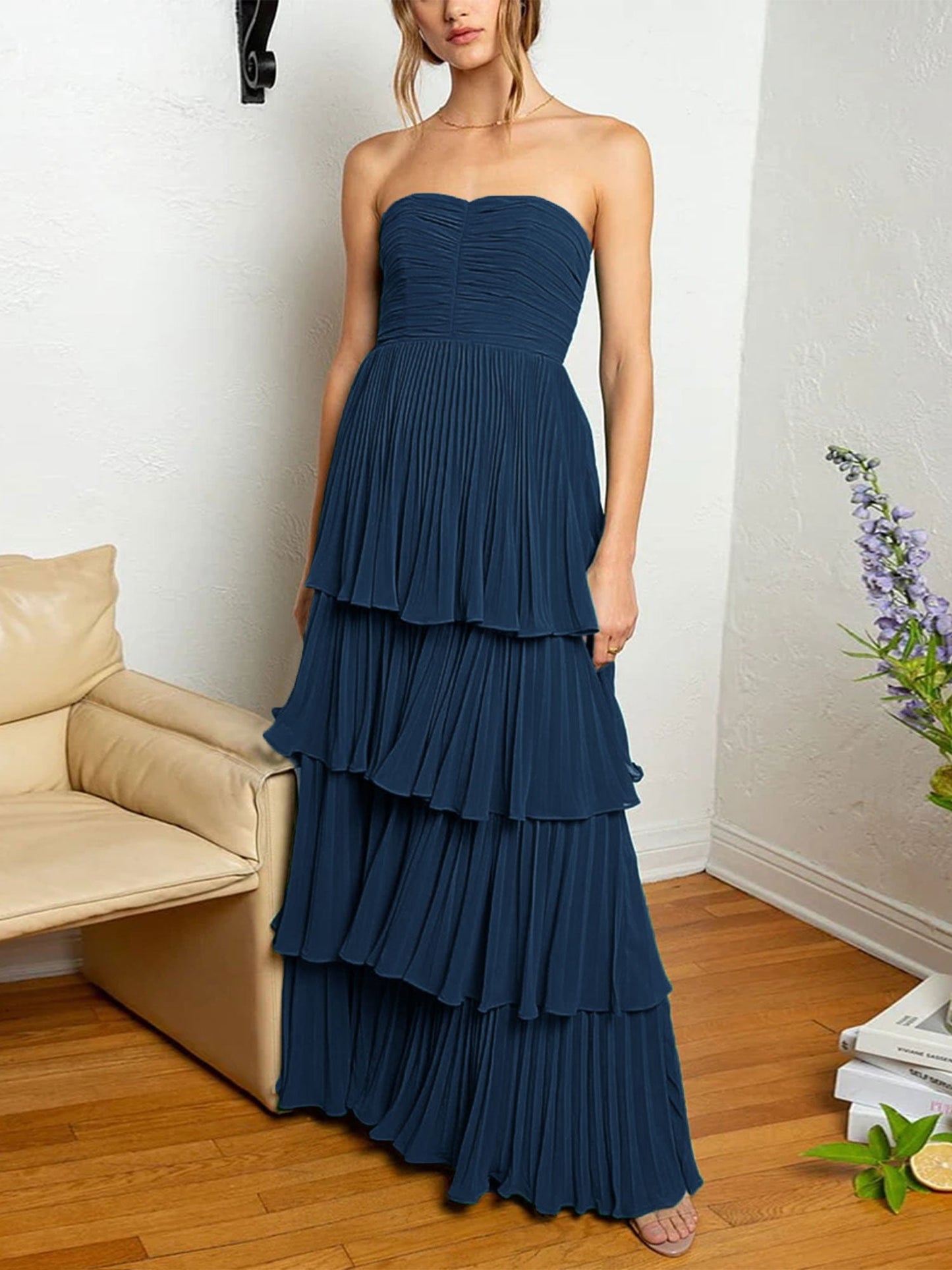 Roycebridal Khalani | Strapless Emerald Green Ruffle Multi-Layer Long Prom Dress