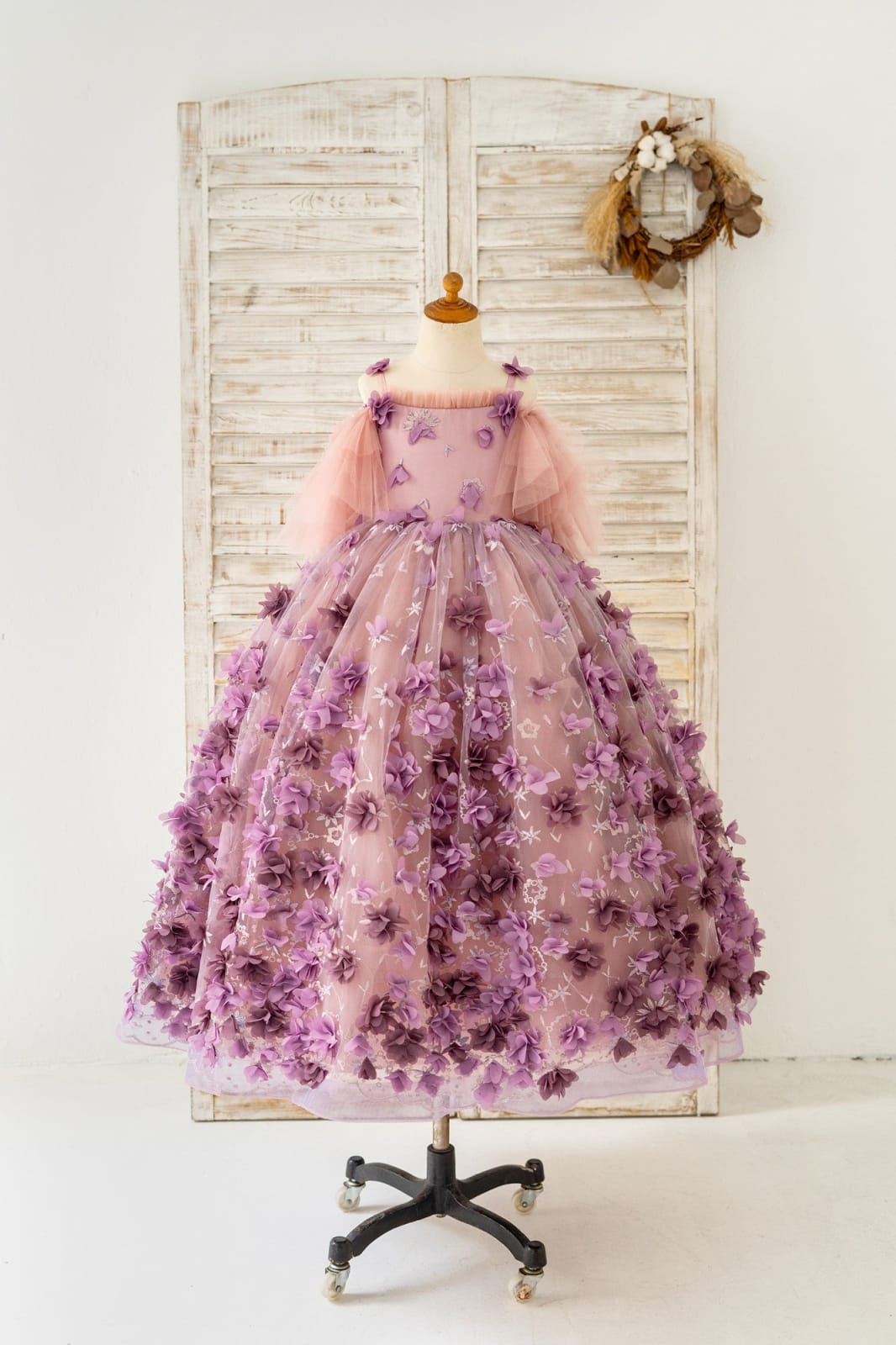 3D Purple Lace Flower Tulle Wedding Flower Girl Dress Kids