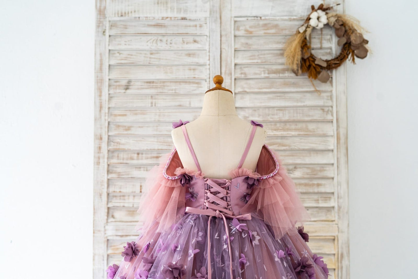 3D Purple Lace Flower Tulle Wedding Flower Girl Dress Kids