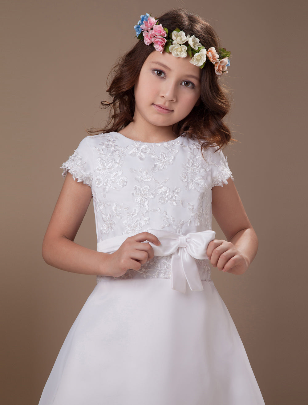 Sweet A-Line White Satin Ankle-Length First Communion Dress-showprettydress