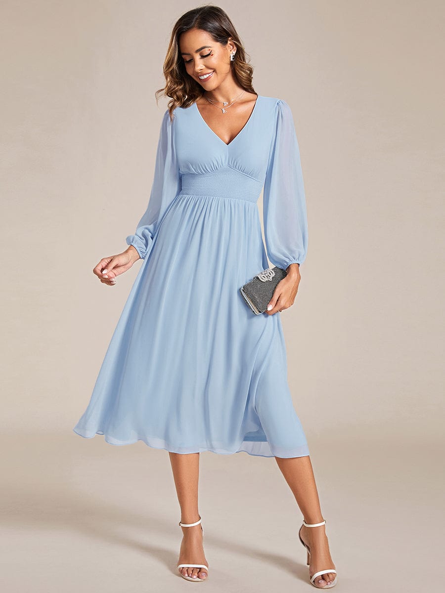 Tari knee length regular and plus size long sleeve chiffon dress - Bay Bridal and Ball Gowns