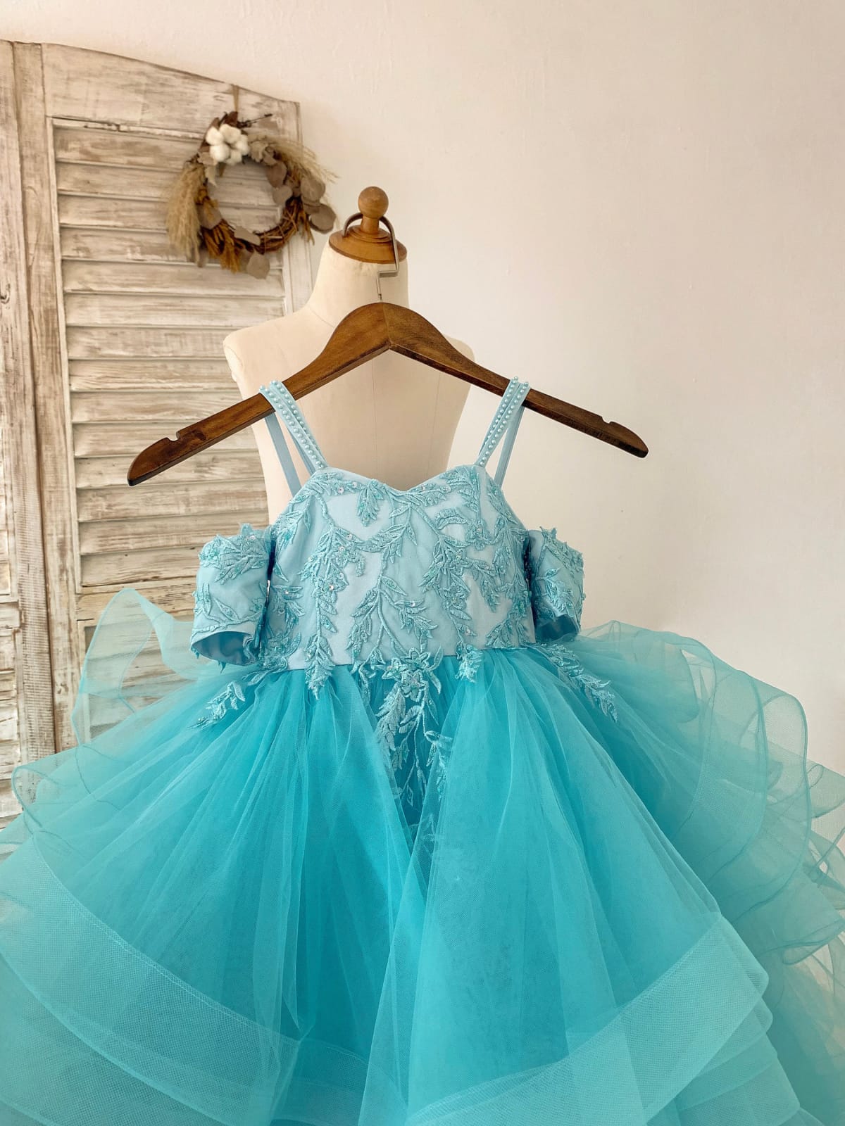 Blue Lace Tulle Off Shoulder Beaded Straps Wedding Flower