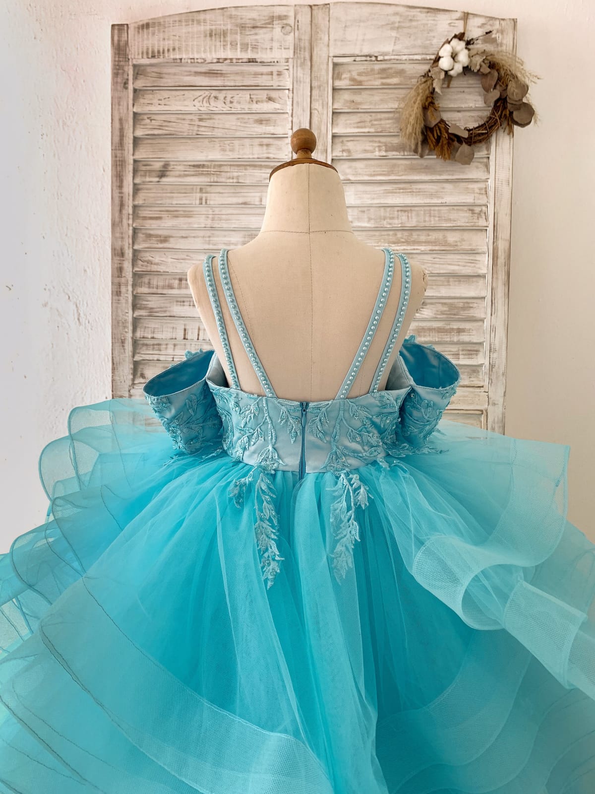 Blue Lace Tulle Off Shoulder Beaded Straps Wedding Flower