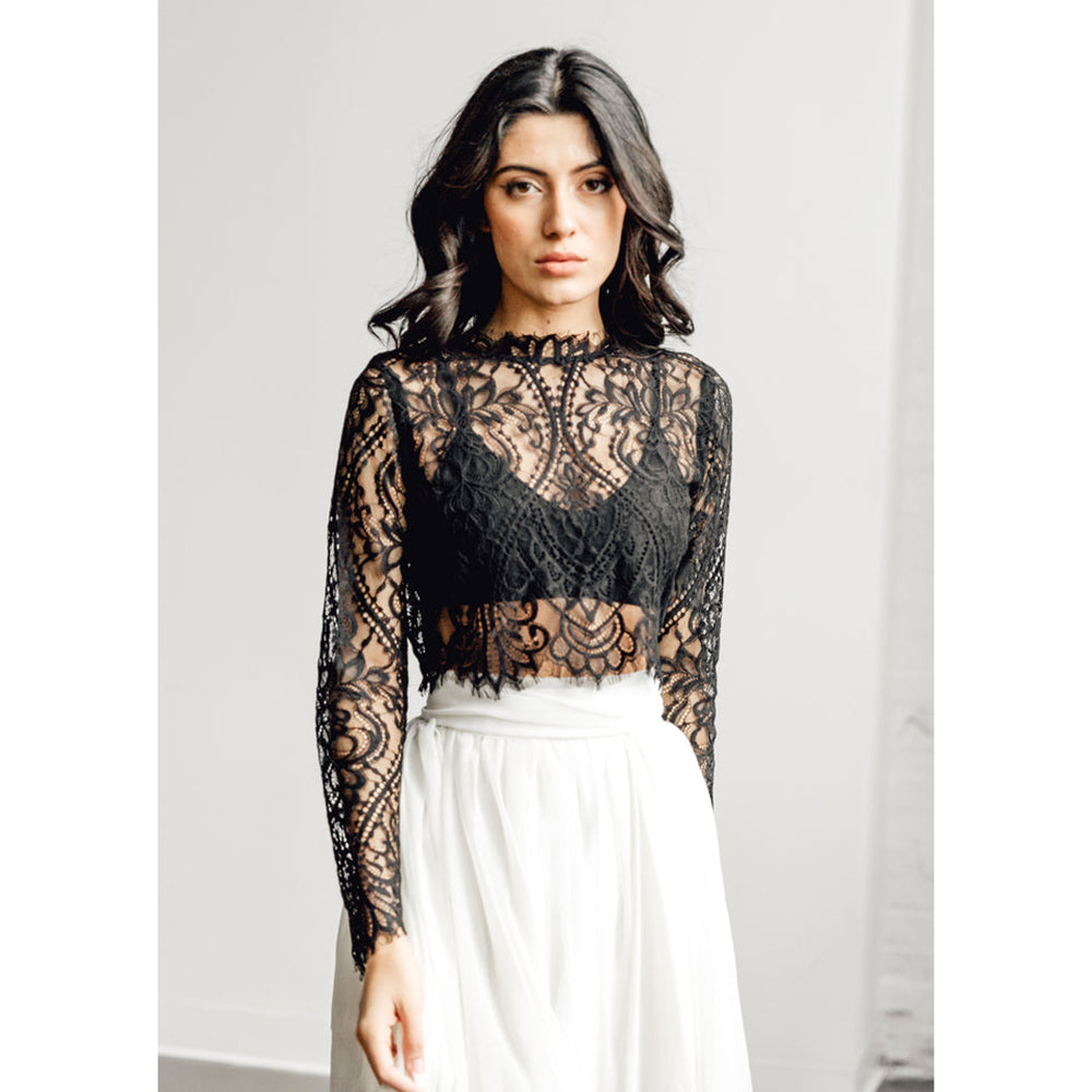 High Neck Long Sleeve Lace Top A Line Gothic Black Wedding Dress