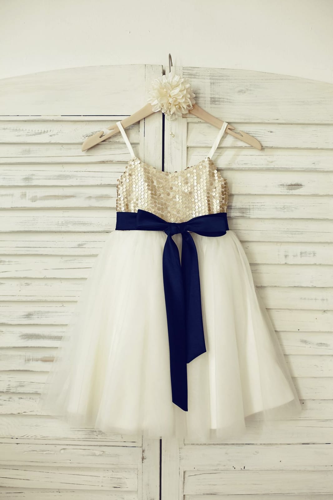 Thin Straps Champagne Sequin Tulle Flower Girl Dress with
