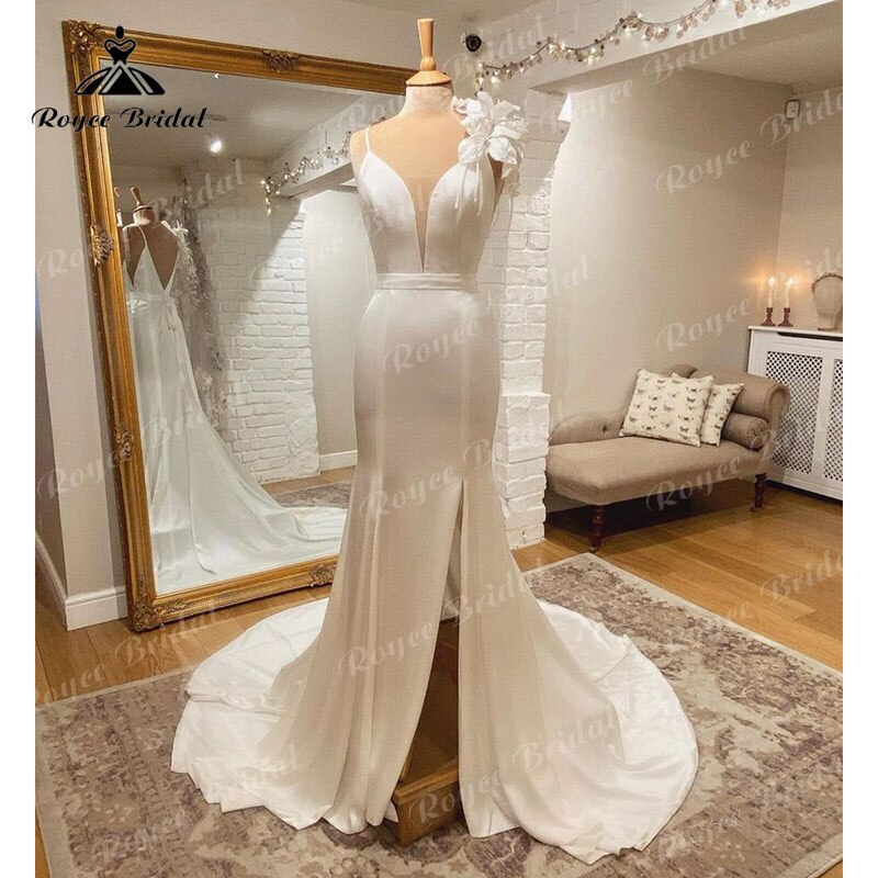 Plus Sizetrouwjurk Sexy Spaghetti Straps Mermaid/Trumpet Wedding Dress with Flower Split Deep V Neck Backless Wedding Bridal Gown Custom