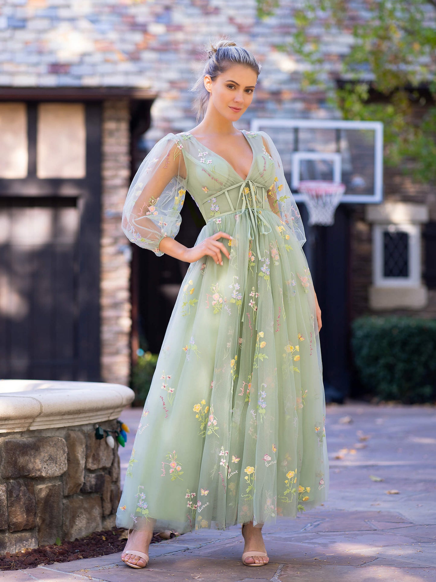 Roycebridal V-neck Embroidery Maxi Length Tulle Corset Floral Prom Dress