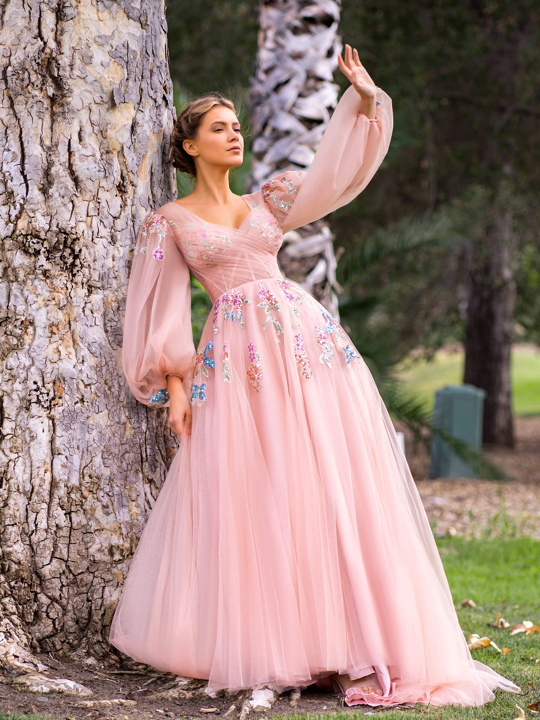 Tulle Dress Floral Long Sleeve Prom Dress Champagne Embroidery
