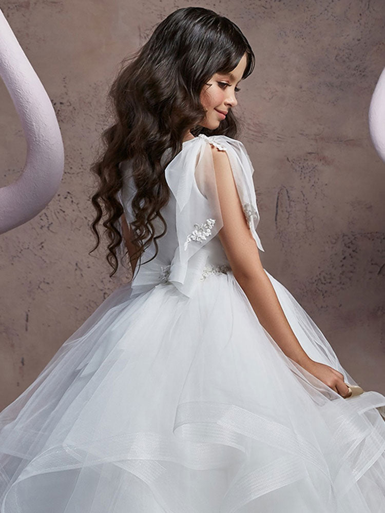 V Neck Lace Sleeveless Floor Length Shoulder Bows Princess Tiered Kids Social Party Dresses-showprettydress