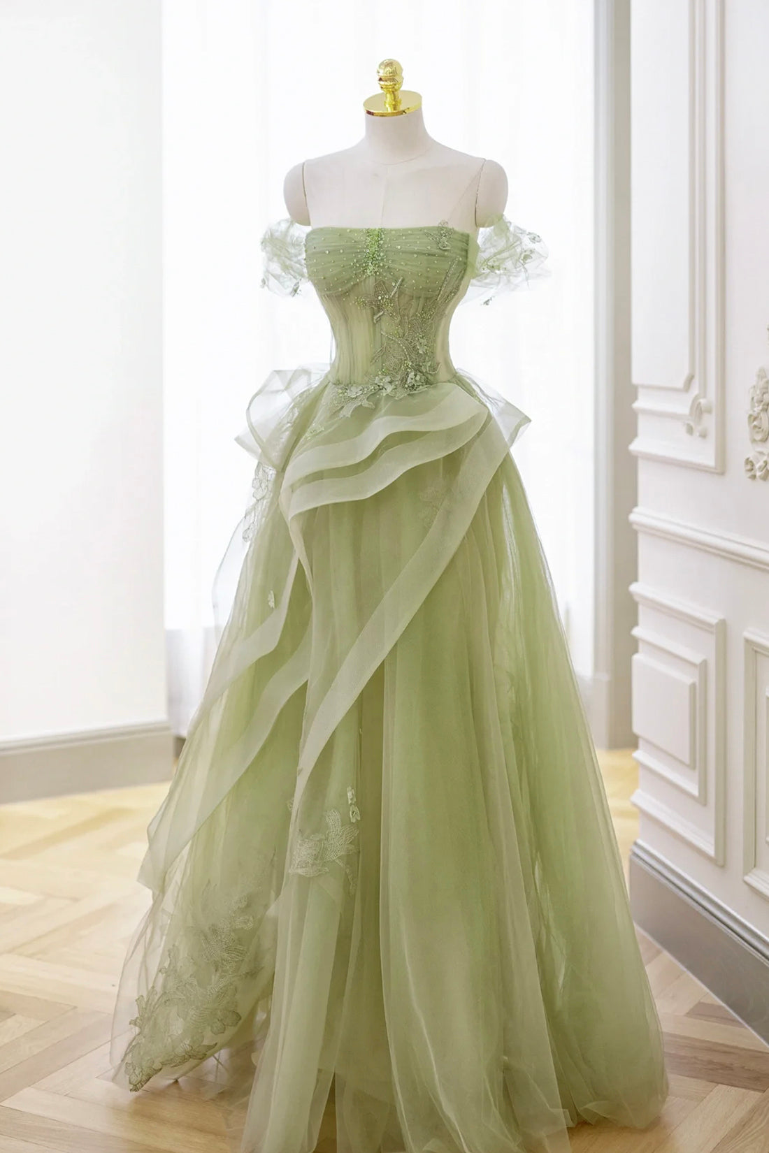 Roycebridal Nellie | Green Tulle Lace Long Prom Dress with Corset, Green Formal Party Dress