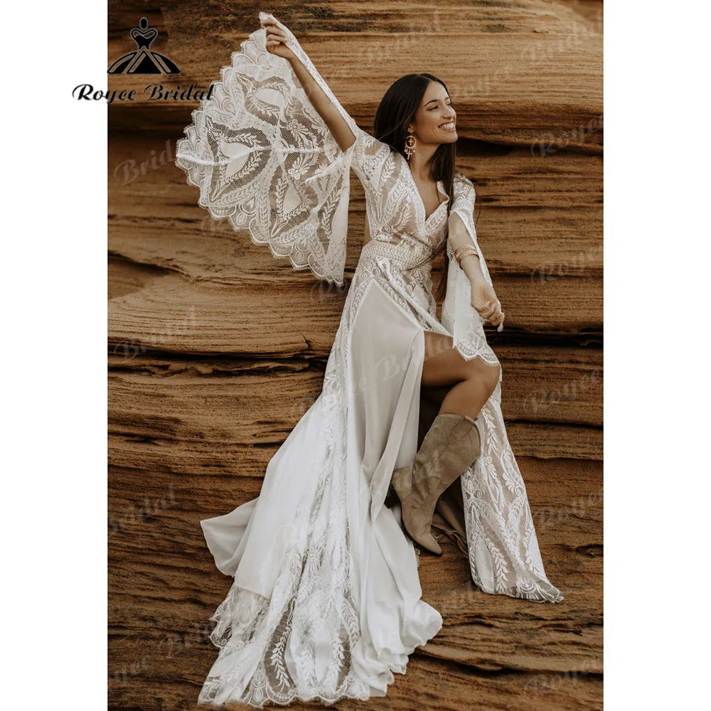 Boho Lace Long Sleeve Backless Split Side V Neck Wedding Dress
