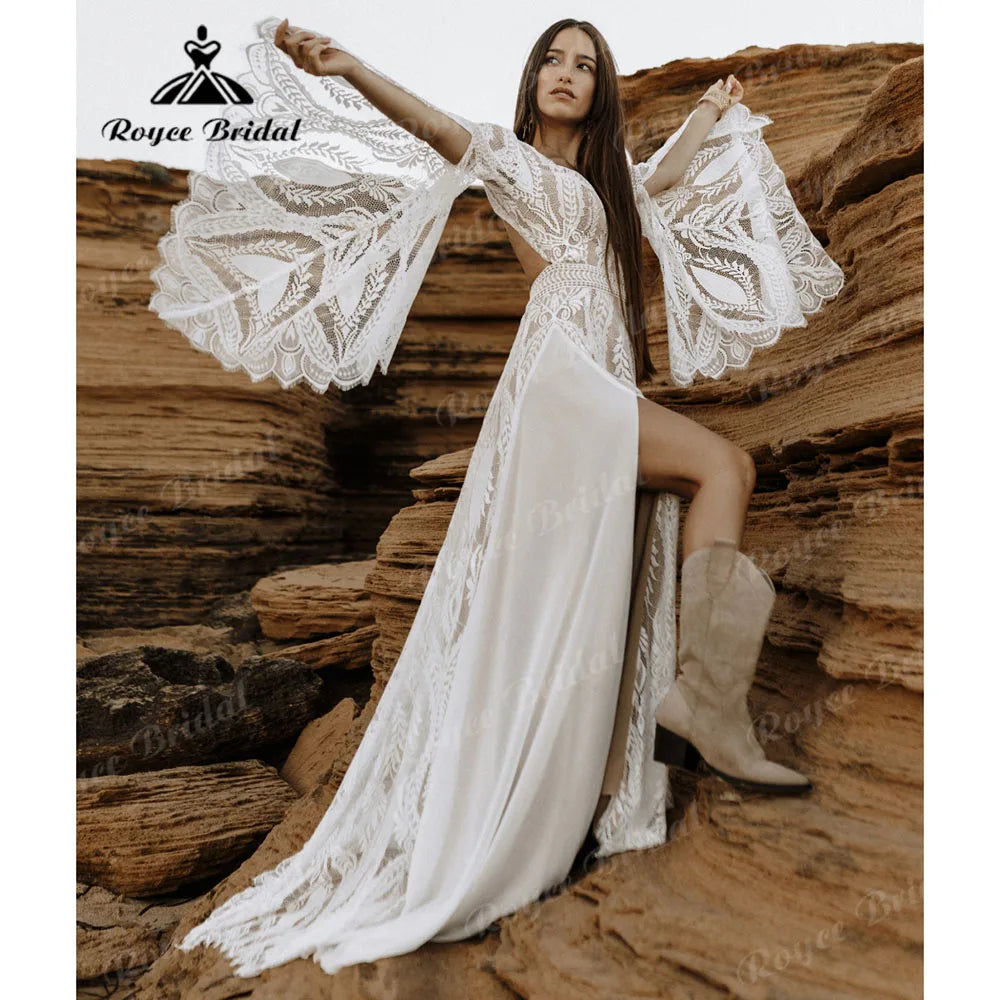 Boho Lace Long Sleeve Backless Split Side V Neck Wedding Dress