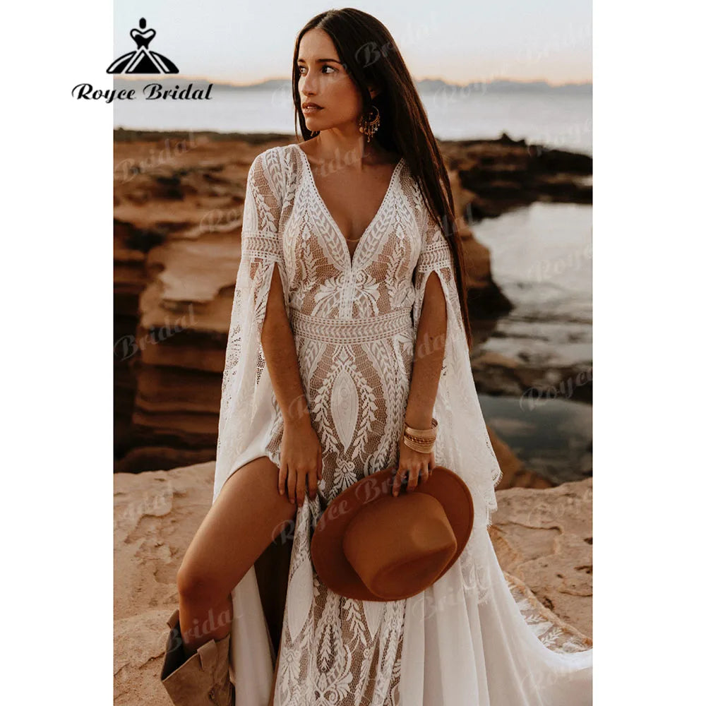 Boho Lace Long Sleeve Backless Split Side V Neck Wedding Dress