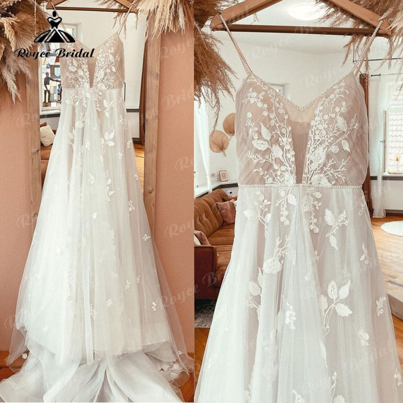 Roycebridal vestido novia Lace Appliques V Neck A Line Boho Wedding Dress Spaghetti Straps Beach 2025 trouwjurk Robe Bridal Wedding Gowns