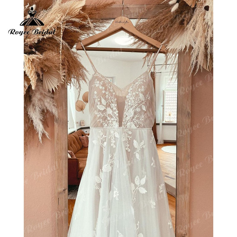 Roycebridal vestido novia Lace Appliques V Neck A Line Boho Wedding Dress Spaghetti Straps Beach 2025 trouwjurk Robe Bridal Wedding Gowns