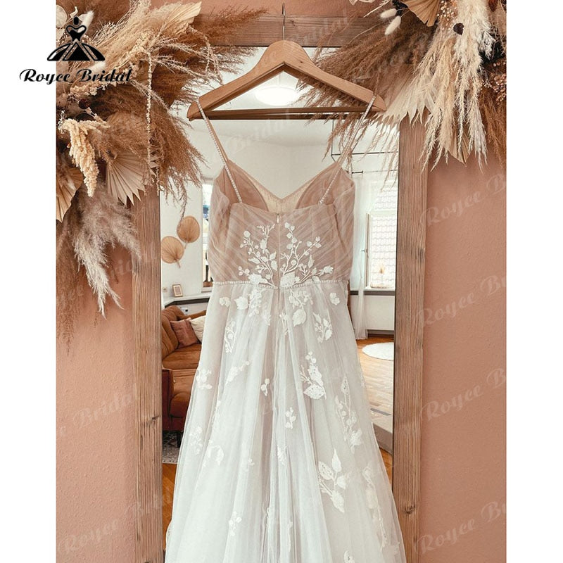 Roycebridal vestido novia Lace Appliques V Neck A Line Boho Wedding Dress Spaghetti Straps Beach 2025 trouwjurk Robe Bridal Wedding Gowns