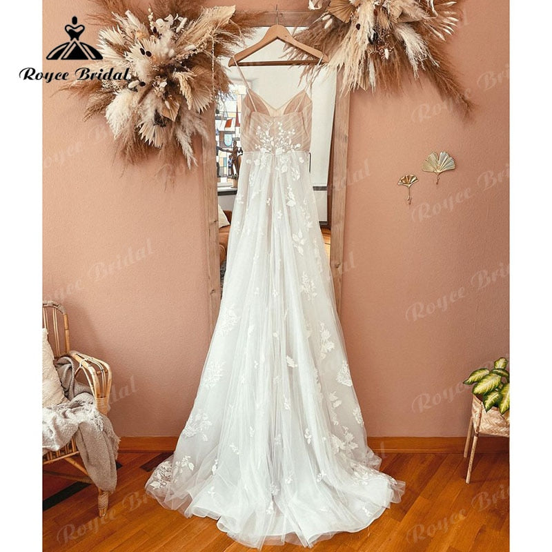 Roycebridal vestido novia Lace Appliques V Neck A Line Boho Wedding Dress Spaghetti Straps Beach 2025 trouwjurk Robe Bridal Wedding Gowns
