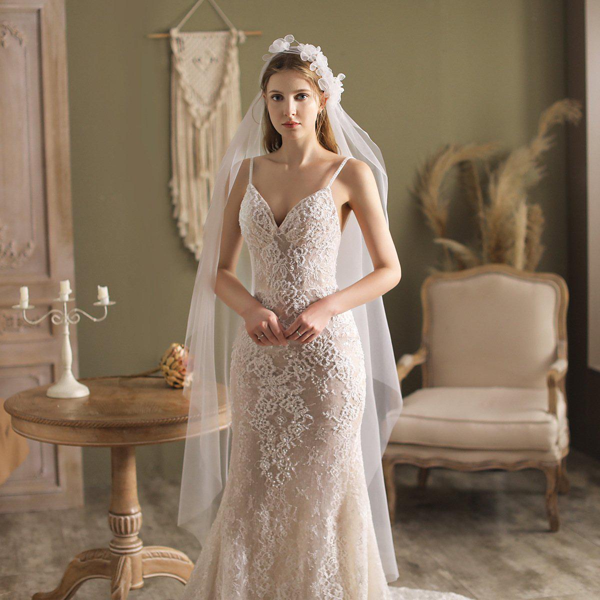 Vintage Floral Juliet Cap Veil Waltz Length Veil-Accessories-Viniodress-Ivory-Viniodress