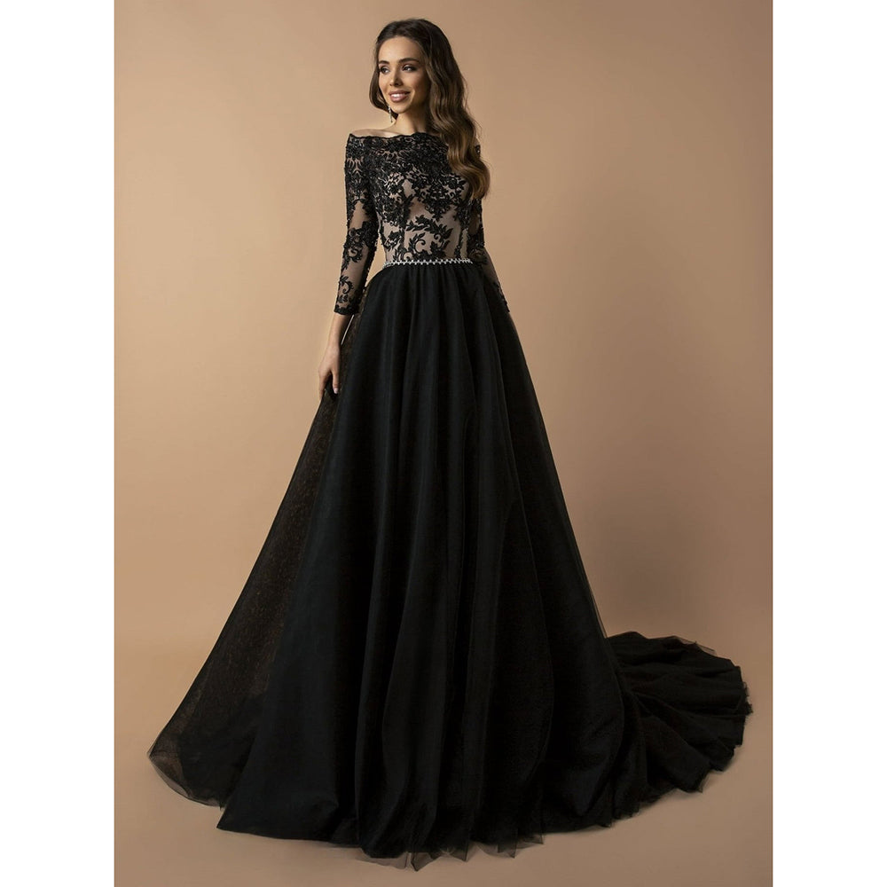 Strapless Neck Long Sleeve Lace Top Back Button Belt A Line Gothic Black Wedding Dress