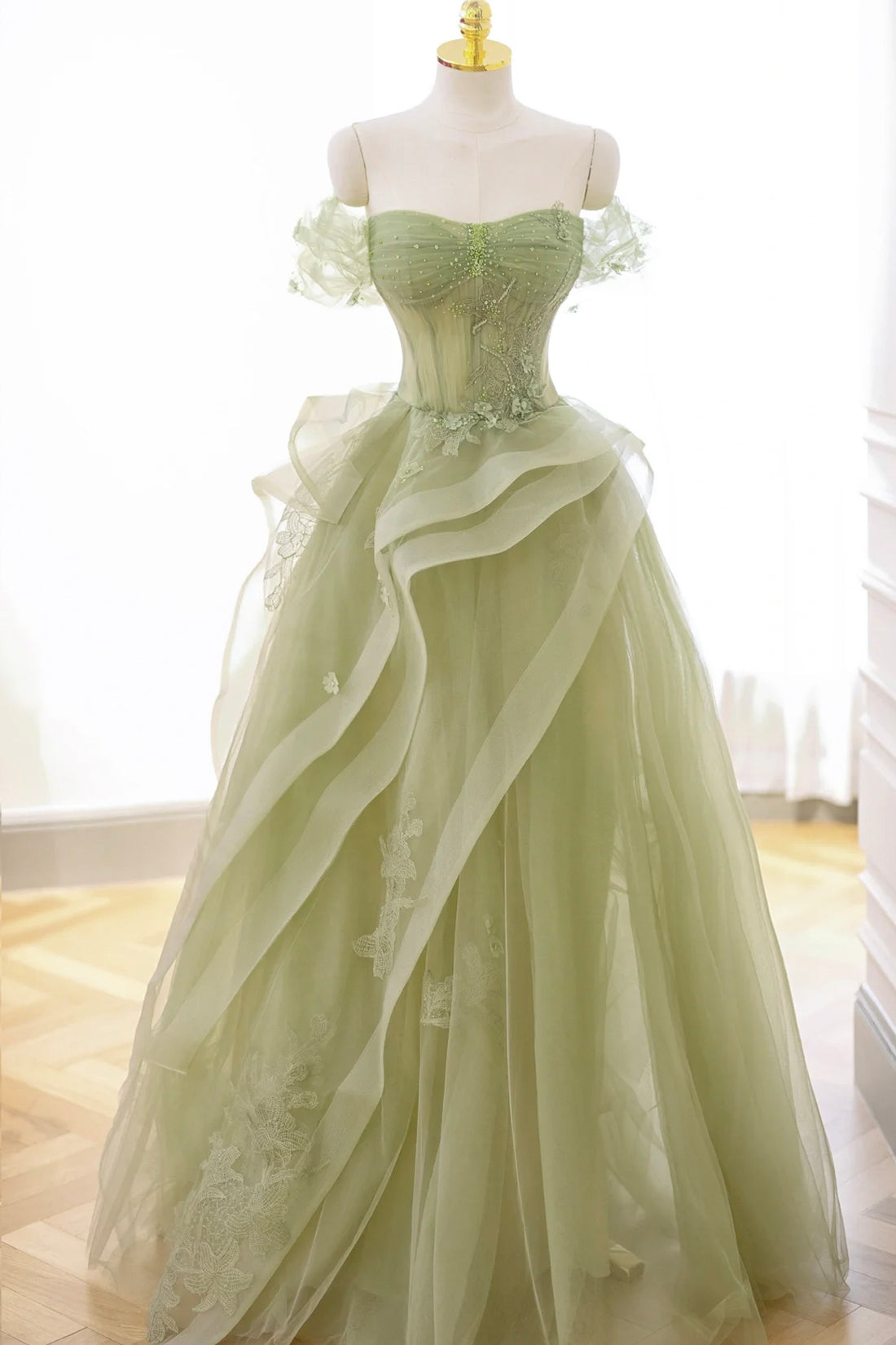 Roycebridal Nellie | Green Tulle Lace Long Prom Dress with Corset, Green Formal Party Dress