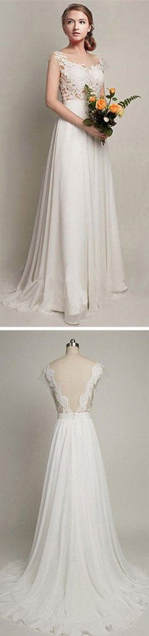 Roycebridal Chiffon A-Linie V-Rücken Hochzeitspartykleider, Einfaches langes Spitzenhochzeitskleid, MW131