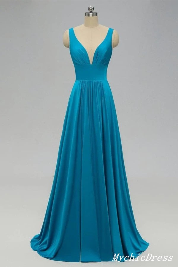 Roycebridal Günstige Blaue Lange Chiffon Brautjungfernkleider V-Ausschnitt mit Schlitz
