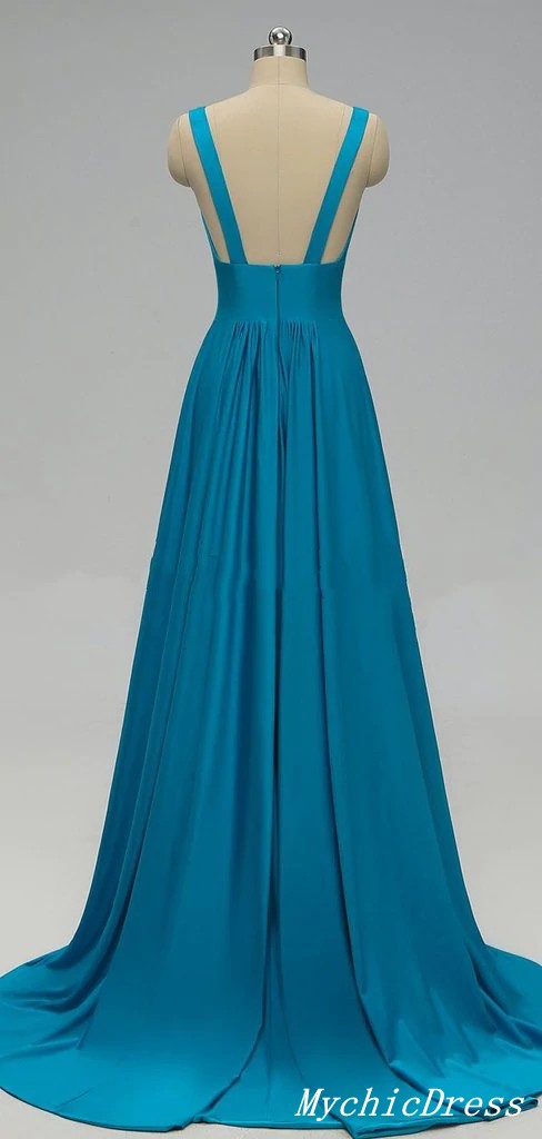 Roycebridal Günstige Blaue Lange Chiffon Brautjungfernkleider V-Ausschnitt mit Schlitz