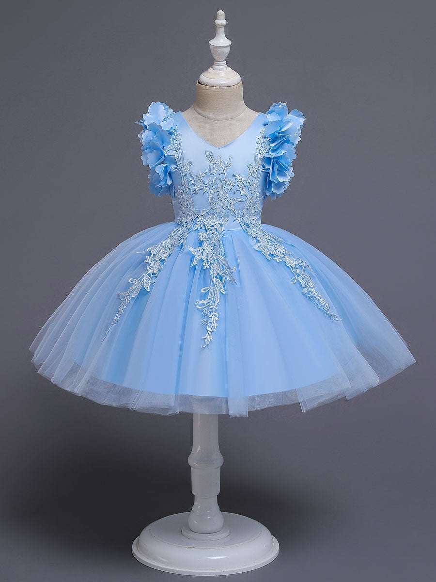 White A-Line Zipper V-Neck Sleeveless Tulle Flowers Kids Party Dresses-showprettydress